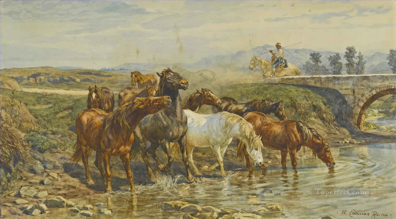 小川で水を飲む馬 エンリコ・コールマン ジャンル油絵